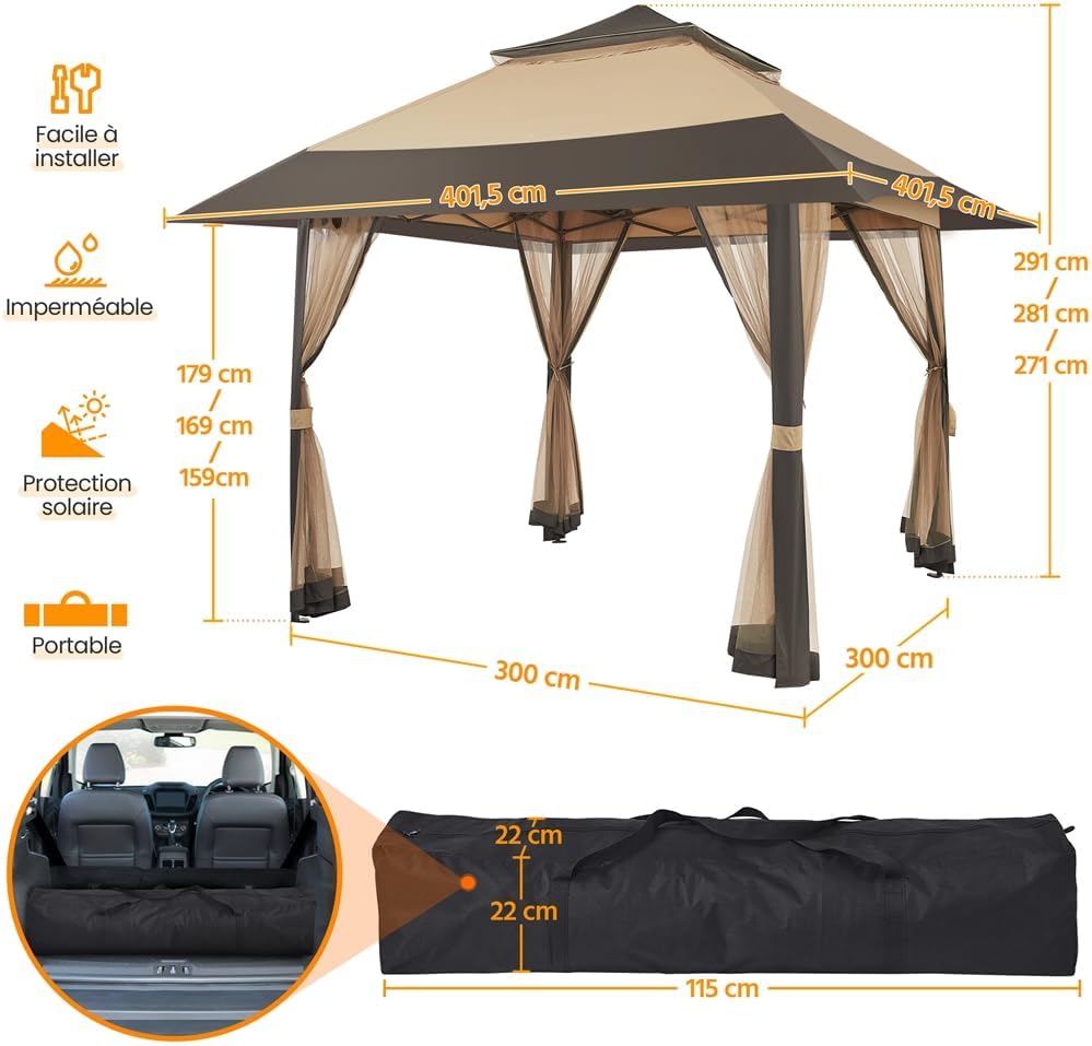 Yaheetech - tonnelle jardin 4x4m - toile moustiquaire, autoportante