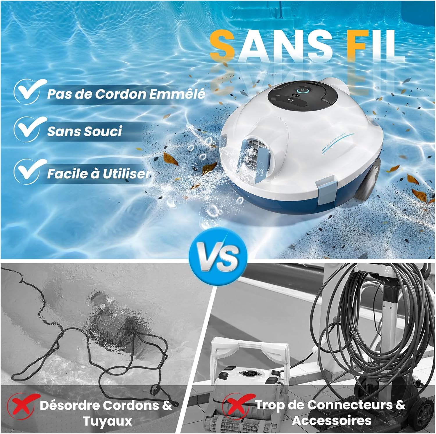Robot Piscine MEDOXA - Auto-nettoyeur sans fil, 120 min autonomie, fonds plats jusqu’à 100 m², auto-stationnement.