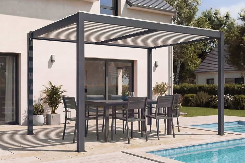 Cazeboo - AGOSTA - 4x3m autoportée aluminium gris lames blanches AGOSTA