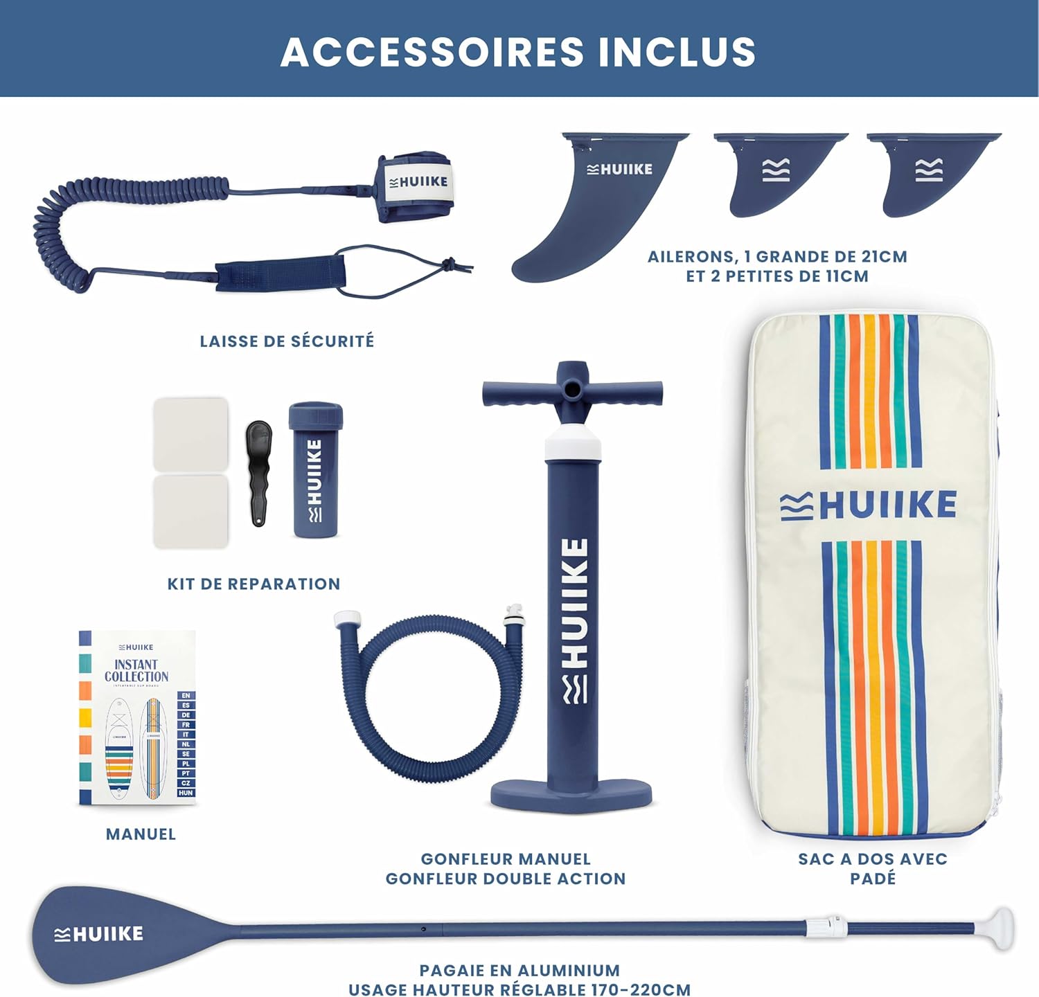 HUIIKE Paddle Gonflable Adulte avec Accessoires Inclus, Pagaie, Ailerons, Pompe. Planche de Stand Up Paddle Grande Stabilité et Résistance. 305 x 84 x 15 cm, Jusqu'à 130 kg