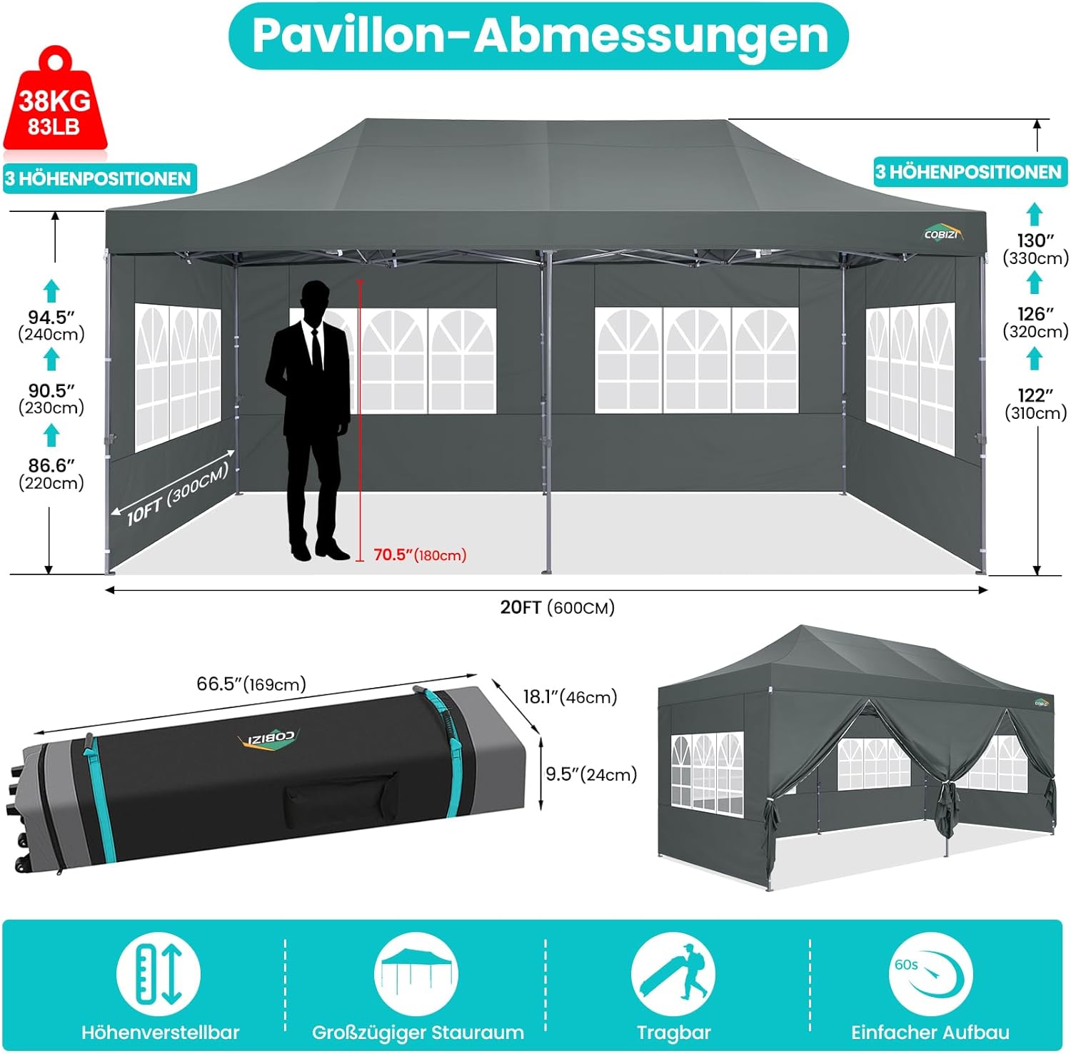 COBIZI - Tente de Réception 3x6m avec 6 Parois L. - Imperméable, 3 Hauteurs - Sac à roulettes - BZ-036