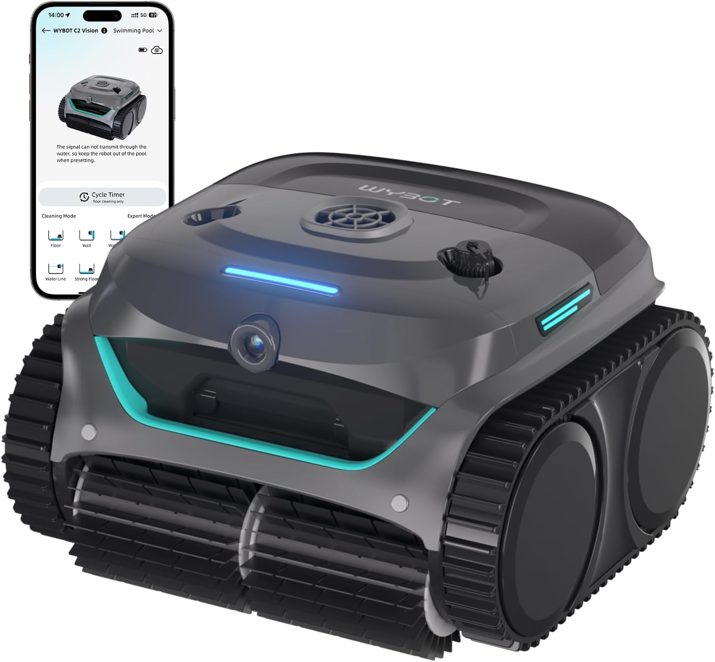 WYBOT (Nouveau Modèle) Robot Piscine sans Fil C2 Vision-A avec caméra IA, Filtration Ultra-Fine, Forte Aspiration, Nettoyage Fond/parois & Ligne d’Eau, Navigation Intelligente – Bleu-Vert Gris