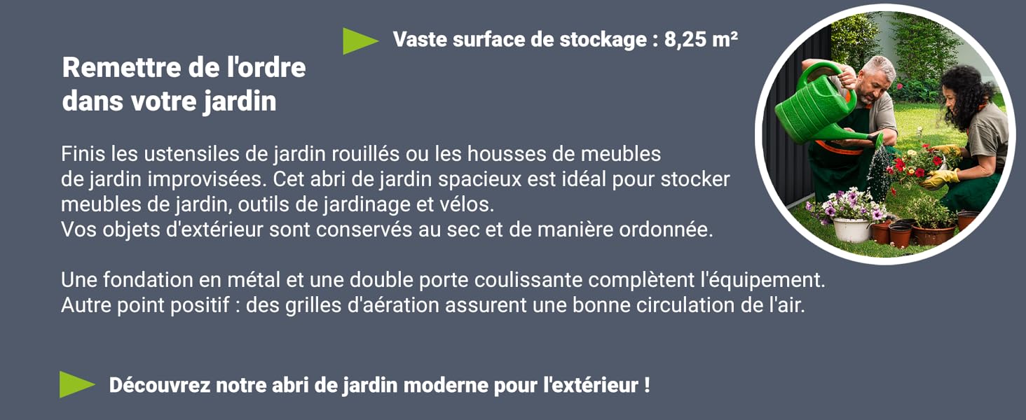 montrant du matériel de jardinage et une pelouse verte, avec un texte en français décrivant les solutions de rangement extérieur.