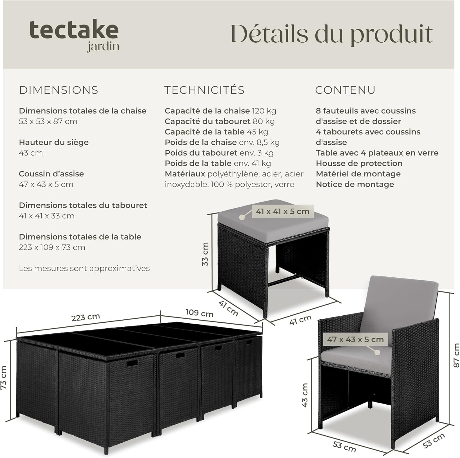tectake - Salon de jardin résine tressée 8 chaises 4 tabourets table - ensemble repas extérieur terrasse balcon - Noir/G