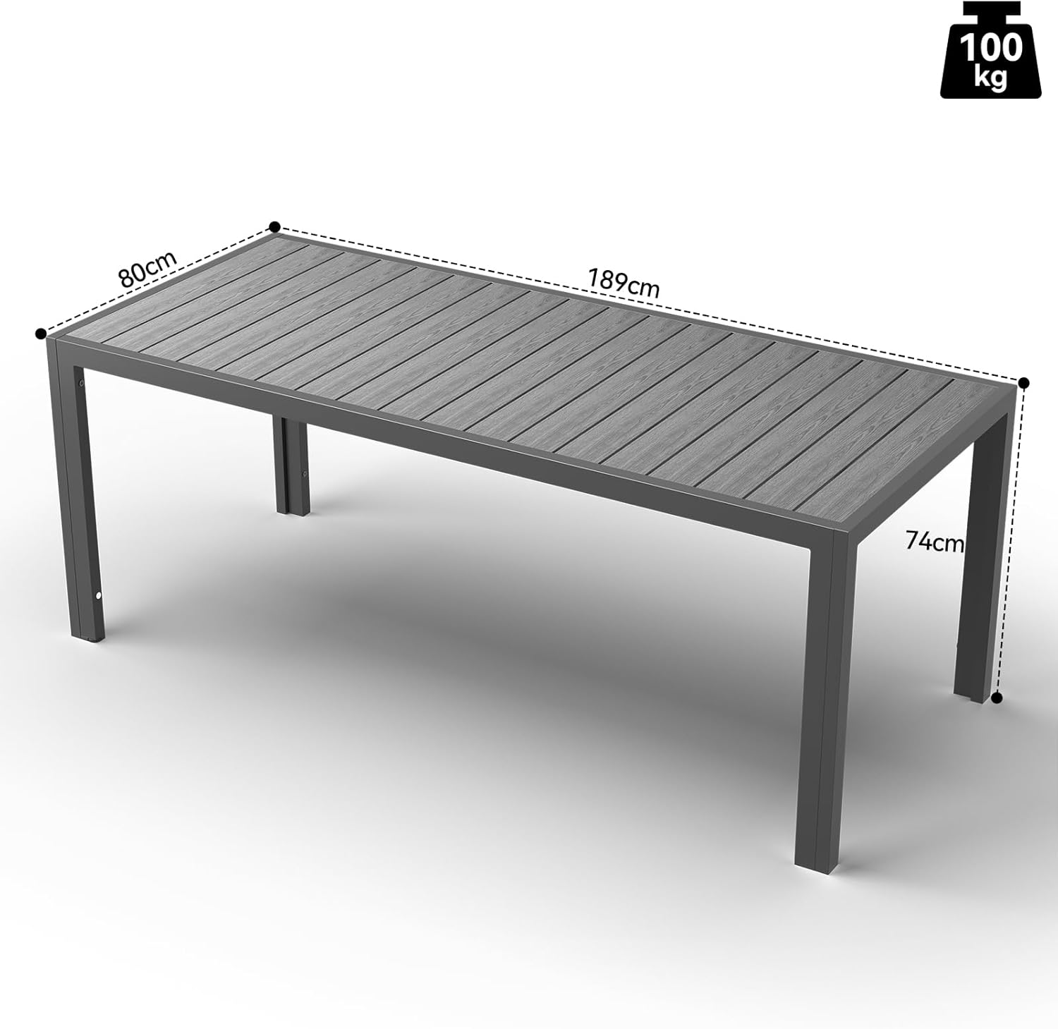 JUMMICO - Table Extérieure Gris 189x80cm, aluminium, aspect bois, antirouille