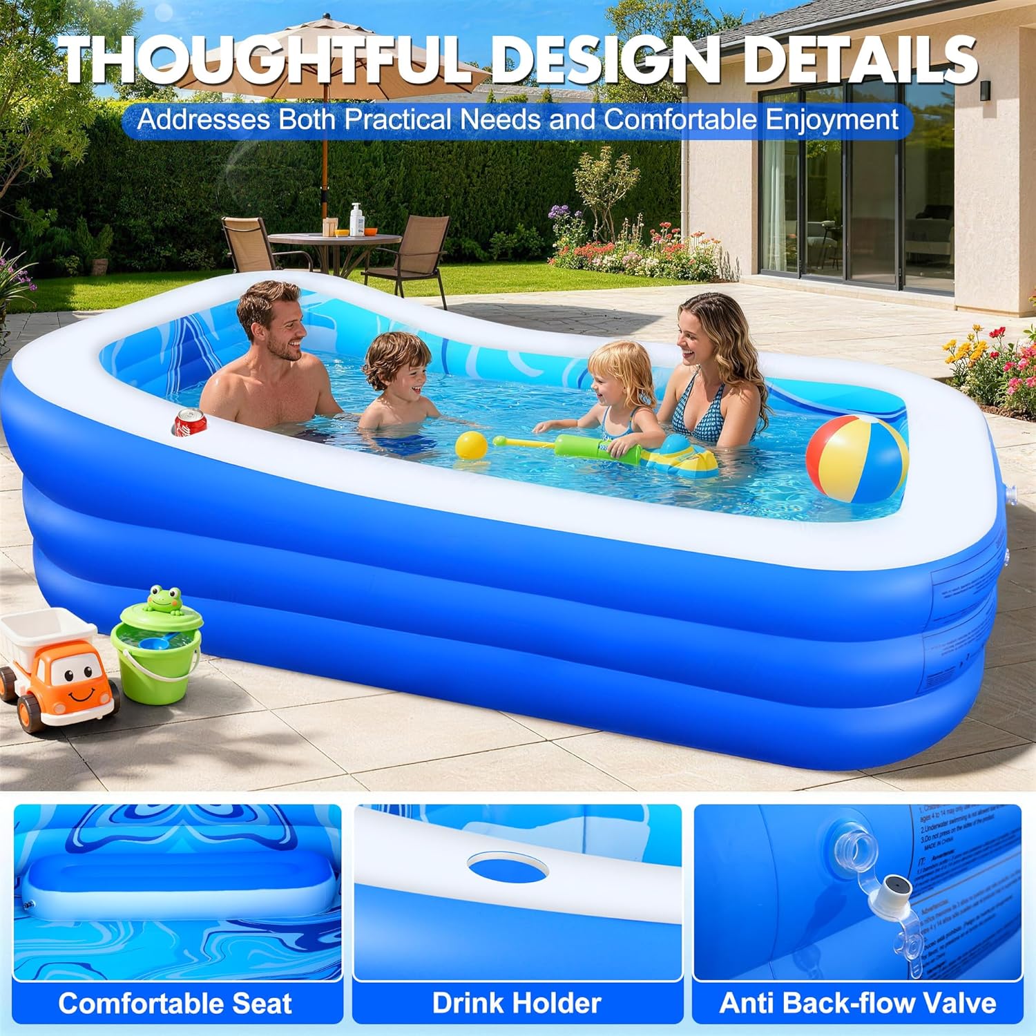 LuxBlue Piscine Gonflable Adulte, Piscine Familiale avec Siège et Dossier, 0.5mm Épaissi Piscines Rectangulaire Gonflable avec Porte-Gobelet, 250*160*63cm Pataugeoire Grande Piscines Gonflable Jardin
