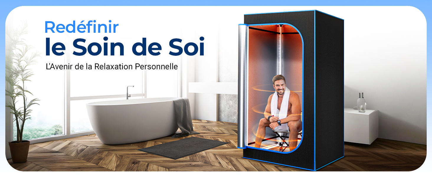 présentant une chambre de relaxation fermée moderne avec un panneau avant transparent, située dans l'environnement de la salle de bain.