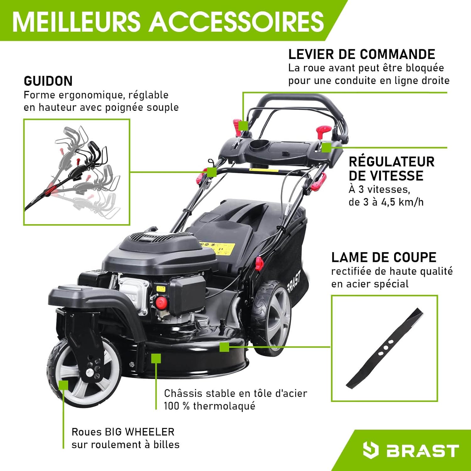 BRAST tondeuse thermique 3 roues TRIKE SPEED 224cc 53cm autotractée vitesse d'entraînement triple réglable mulching 4en1 capot en tôle en acier 60l - tondeuse tractée moteur 4 temps reglable