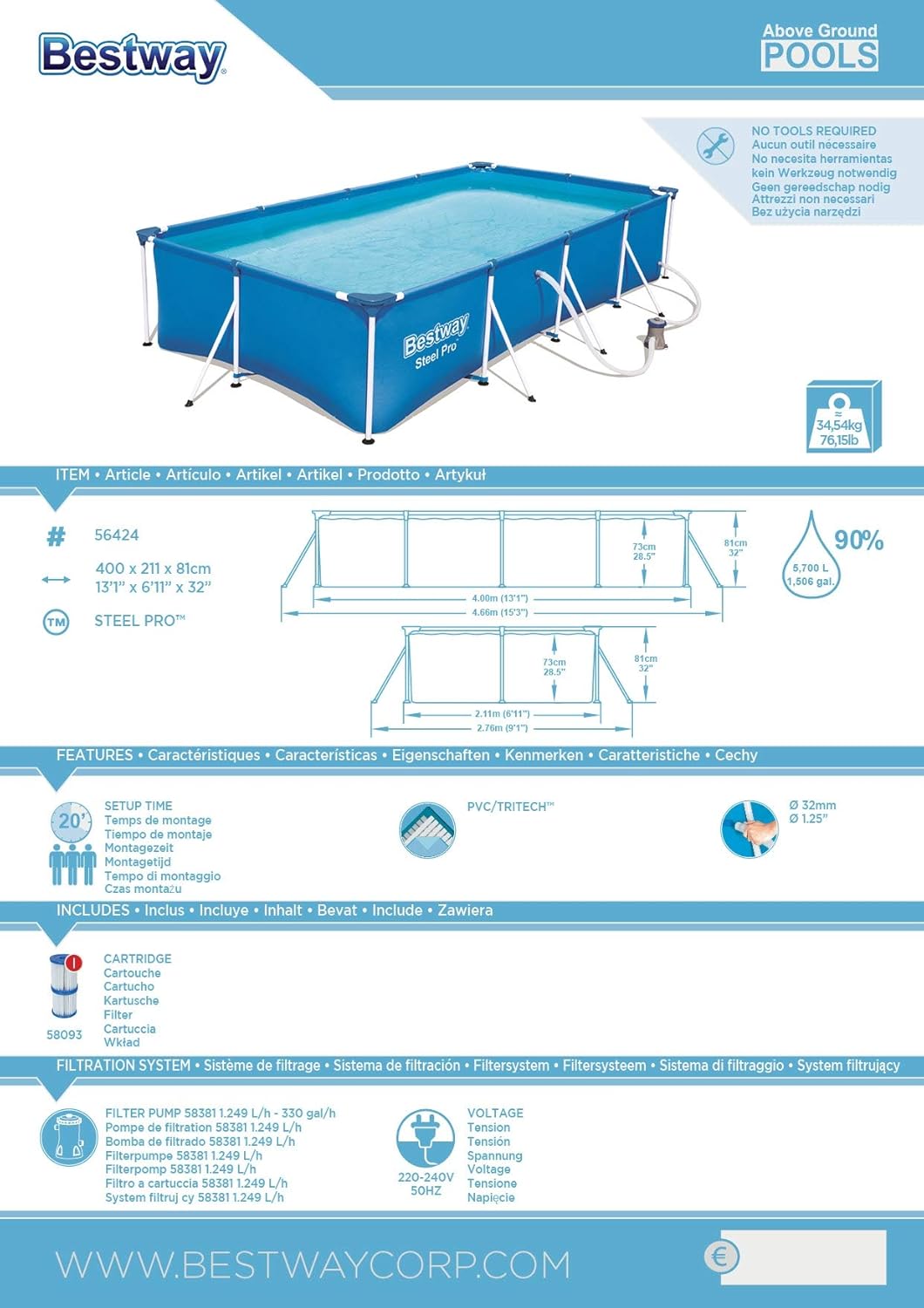 Bestway – Steel Pro – Piscine rectangulaire pour Enfant – avec Cadre en Acier et Pompe filtrante Piscine pour Enfant. 400 x 211 x 81 cm Bleu