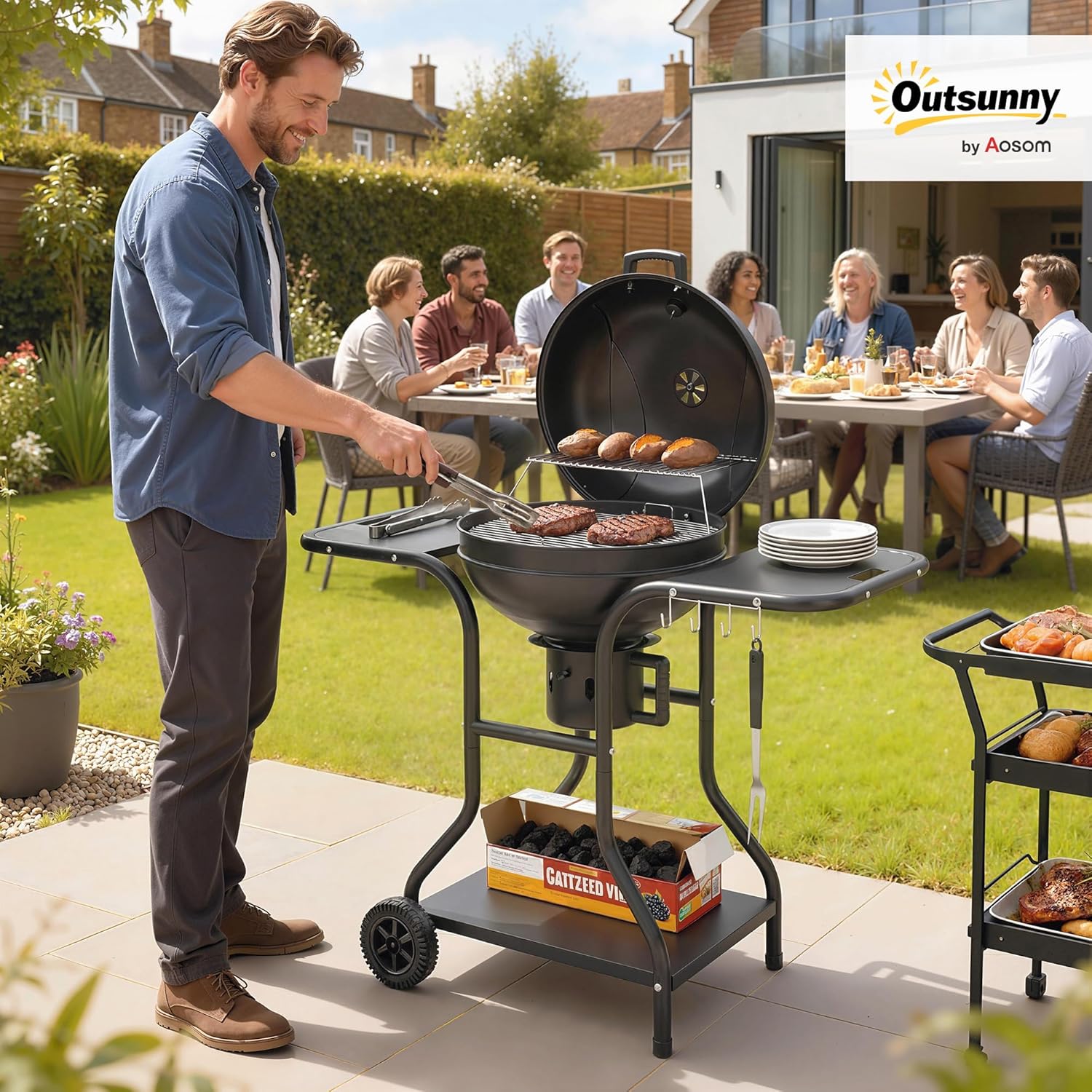 Outsunny - barbecue rond extérieur - 66x55x98cm - couvercle, roues, thermomètre