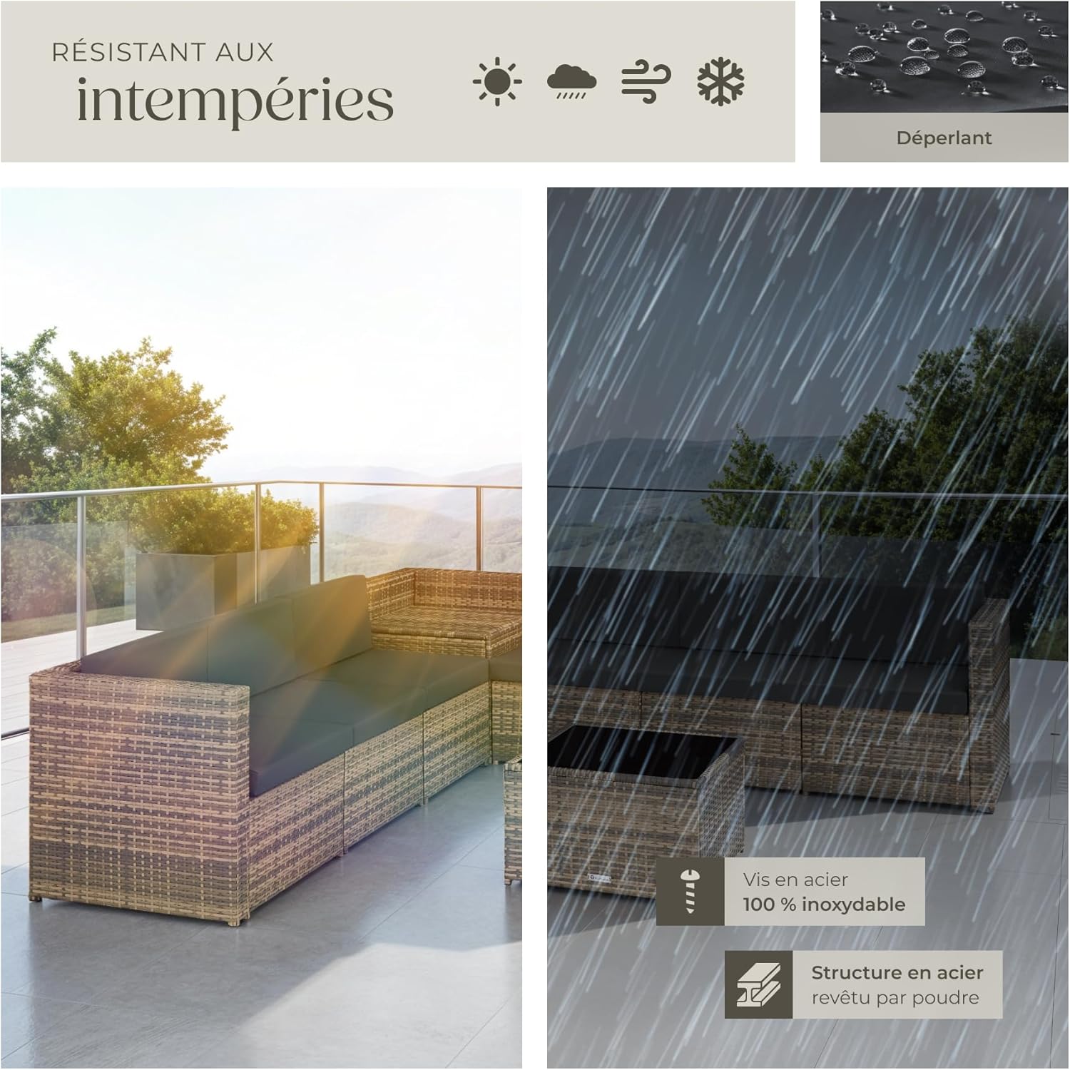 TecTake - salon de jardin modulable 6 places résine, coffre et table, brun - 200x130cm