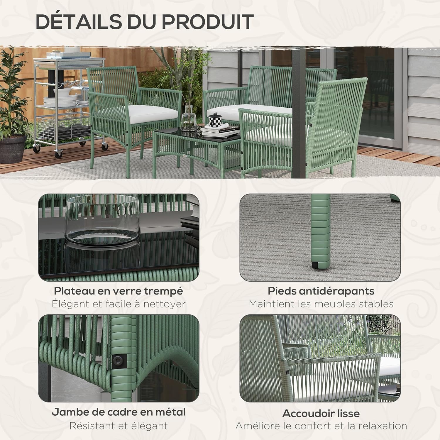 Outsunny - salon de jardin extérieur 4 pcs - métal, résine, coussins, vert, table basse verre