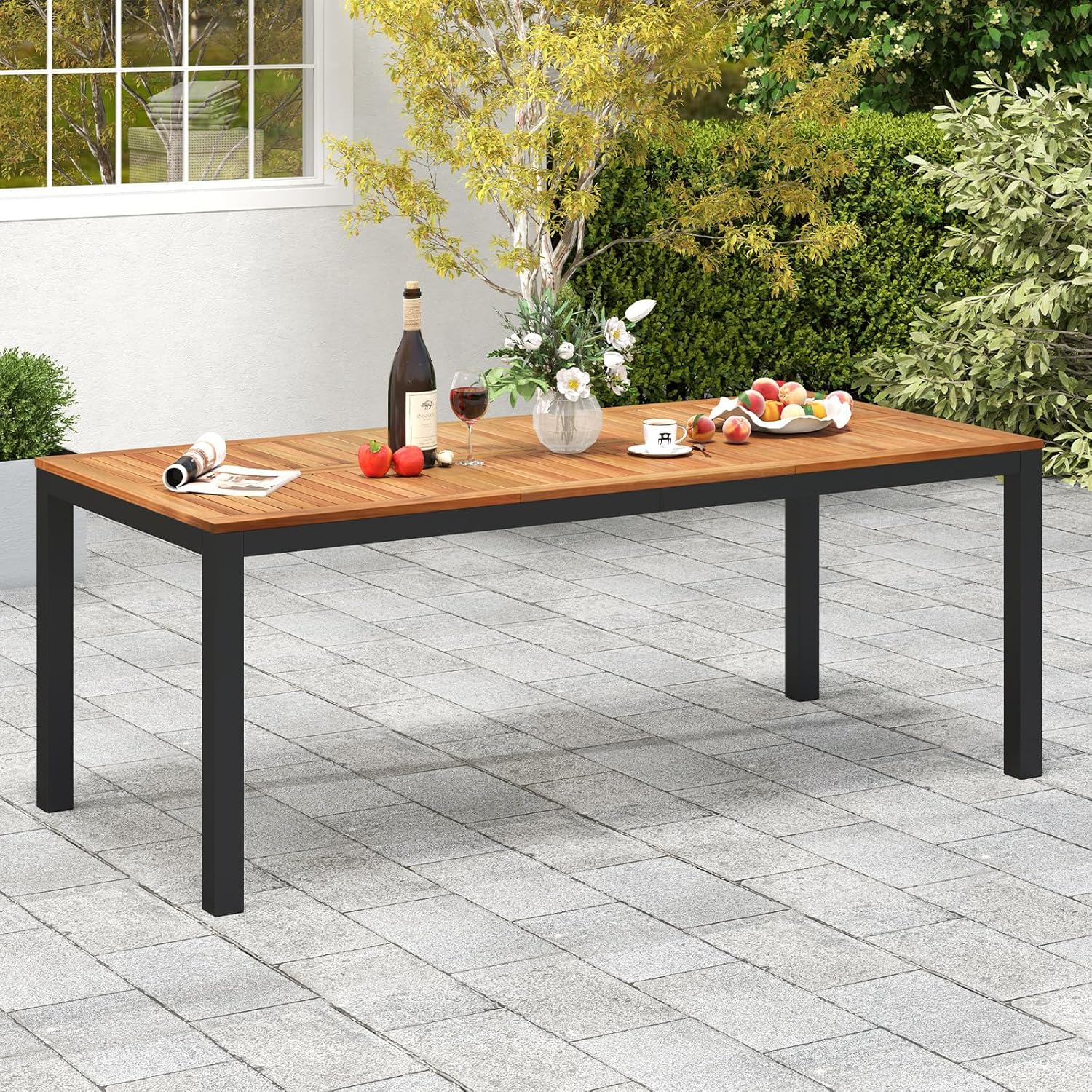 GOPLUS - Table de jardin 8 places, bois d'acacia, métal, 90x200x75cm