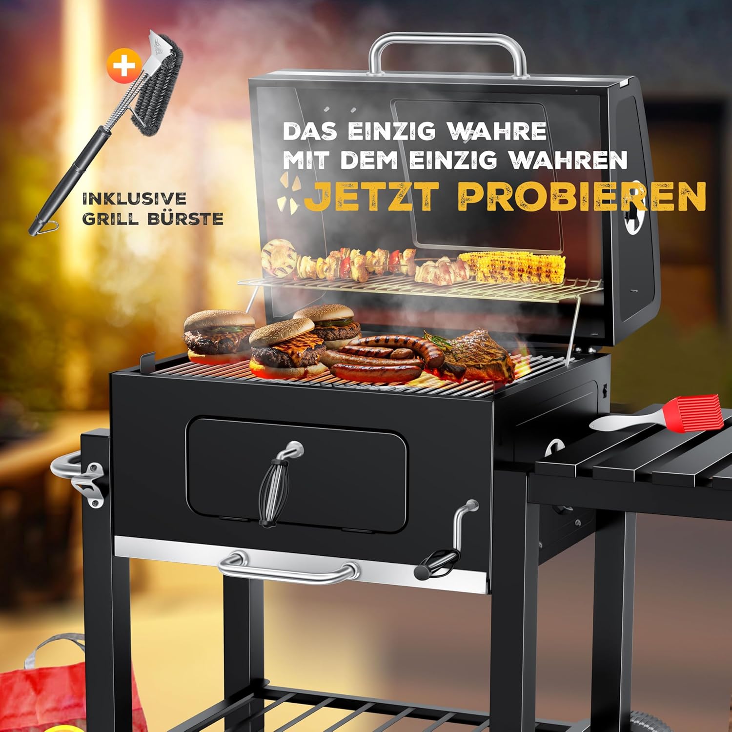 KESSER - Grill Chariot XL - barbecue charbon, couvercle, roues, thermomètre, accessoires