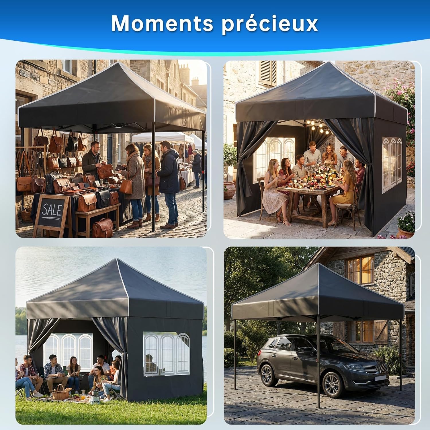 Devoko - tonnelle pliante - 3x3m - imperméable, UV50+, hauteur réglable, panneaux latéraux