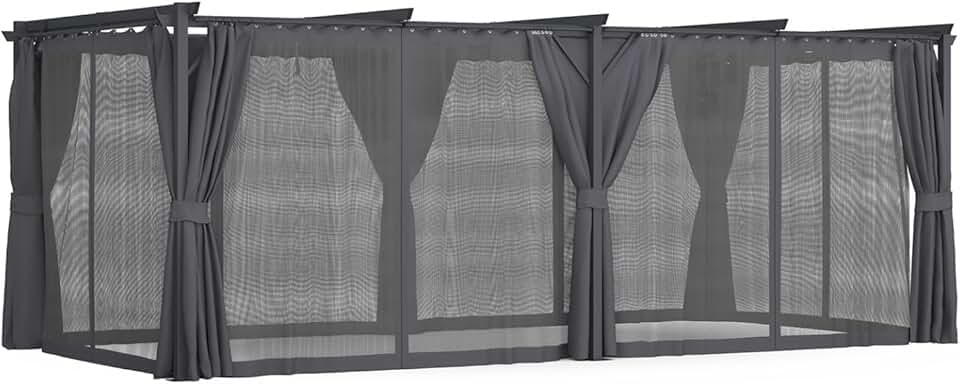 IDMarket - Pergola intégrale moustiquaire, toit rétractable 3x6m, 6 rideaux gris