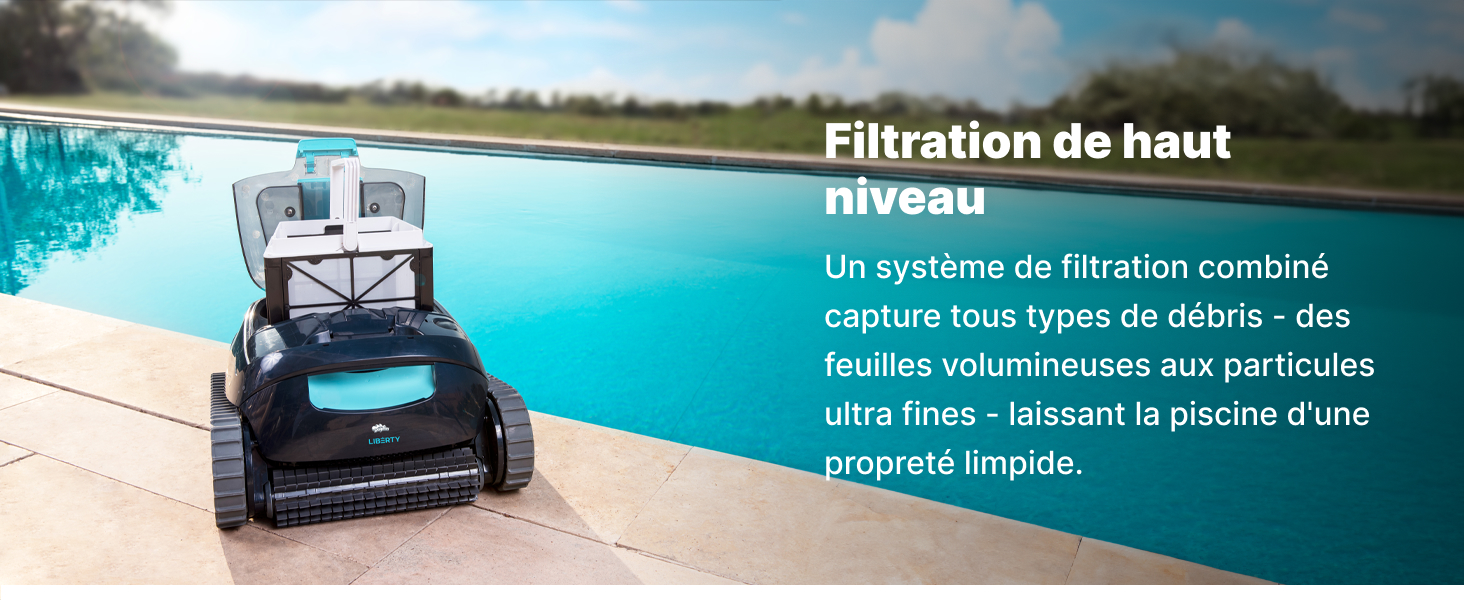 Un robot nettoyeur de piscine montré dans une piscine, avec une superposition de texte en français décrivant les capacités du système de filtration de haut niveau