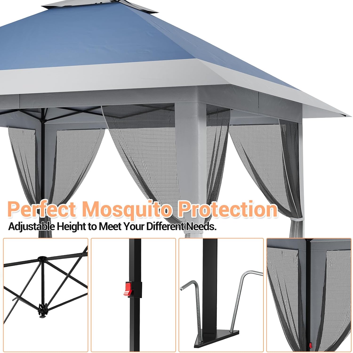 Garvee - Tonnelle pop-up série jardin - 3,96x3,96m - toit double imperméable, moustiquaire, hauteur réglable