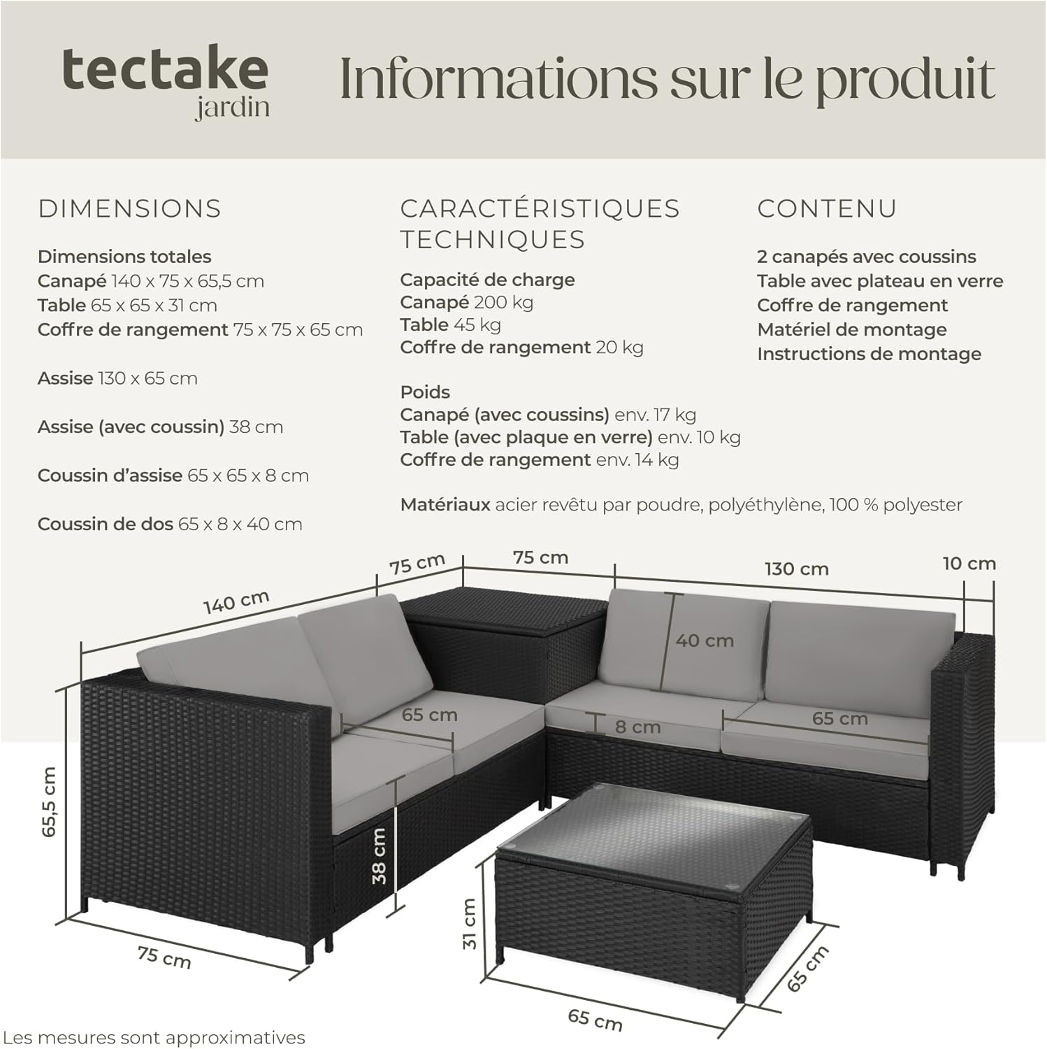 tectake - Ensemble salon jardin poly rotin, 4 places, coffre rangement, table verre