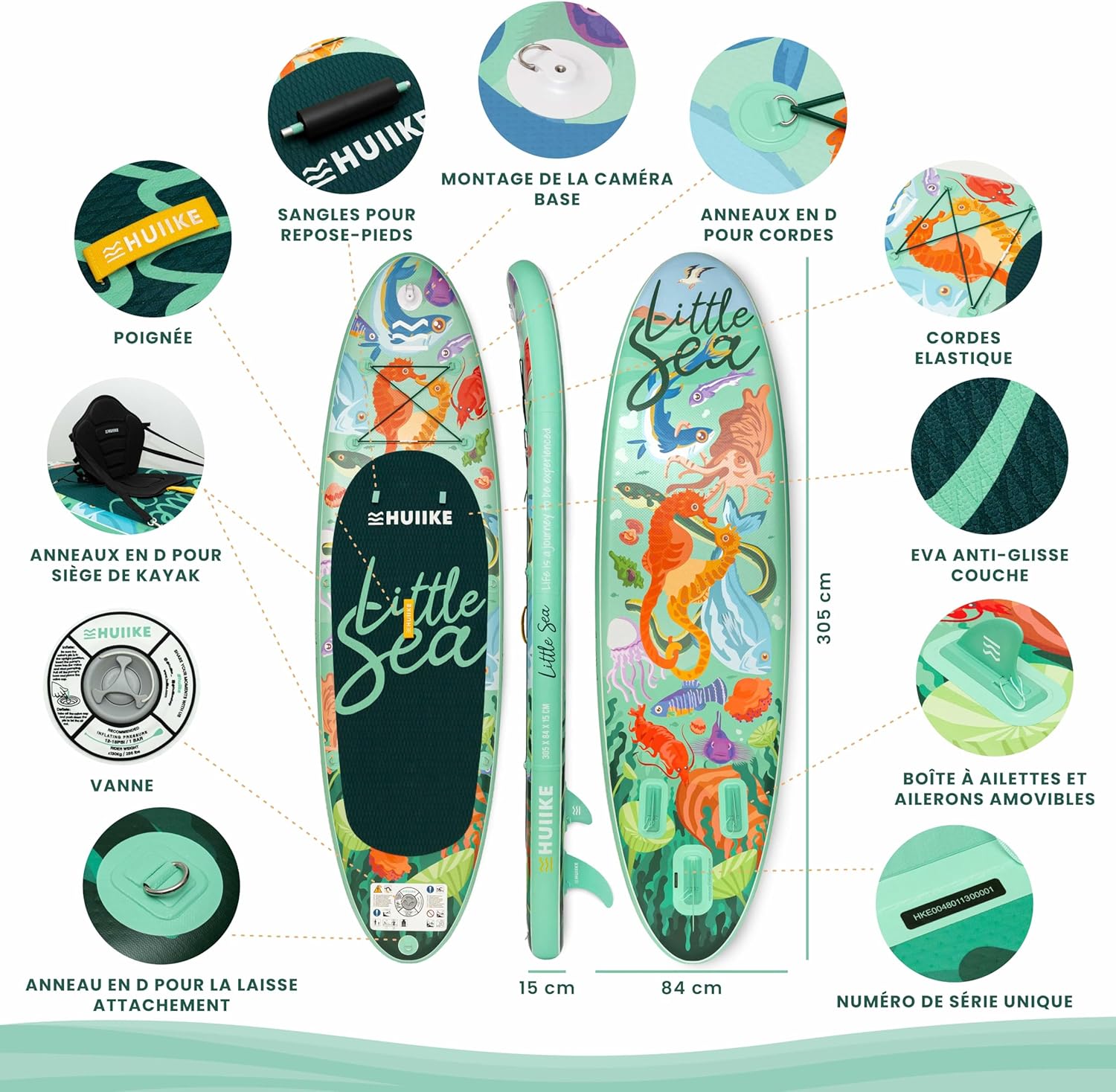HUIIKE Paddle Gonflable Adulte avec Accessoires Inclus, Pagaie, Ailerons, Pompe. Planche de Stand Up Paddle Grande Stabilité et Résistance. 305 x 84 x 15 cm, Jusqu'à 130 kg
