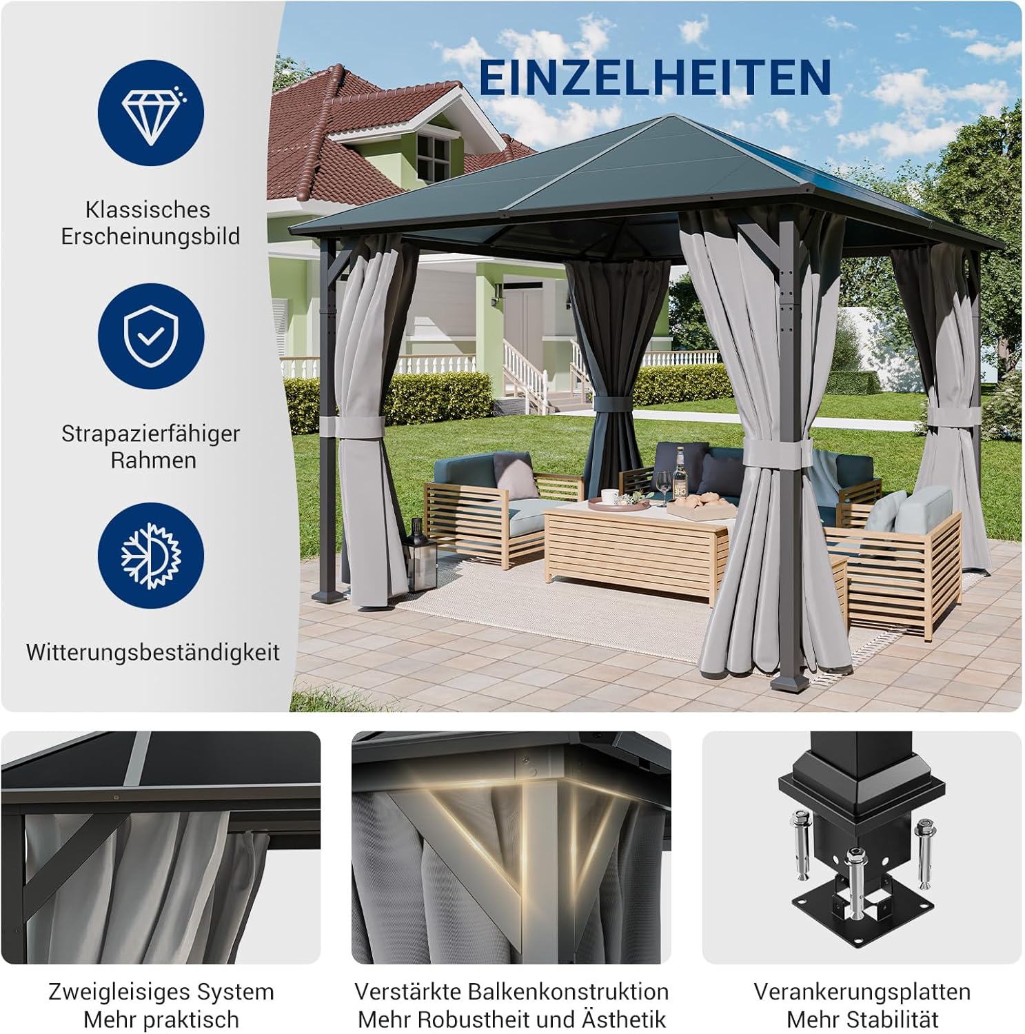 UDPATIO - tonnelle jardin série imperméable 3x3m rideaux UV, Gris