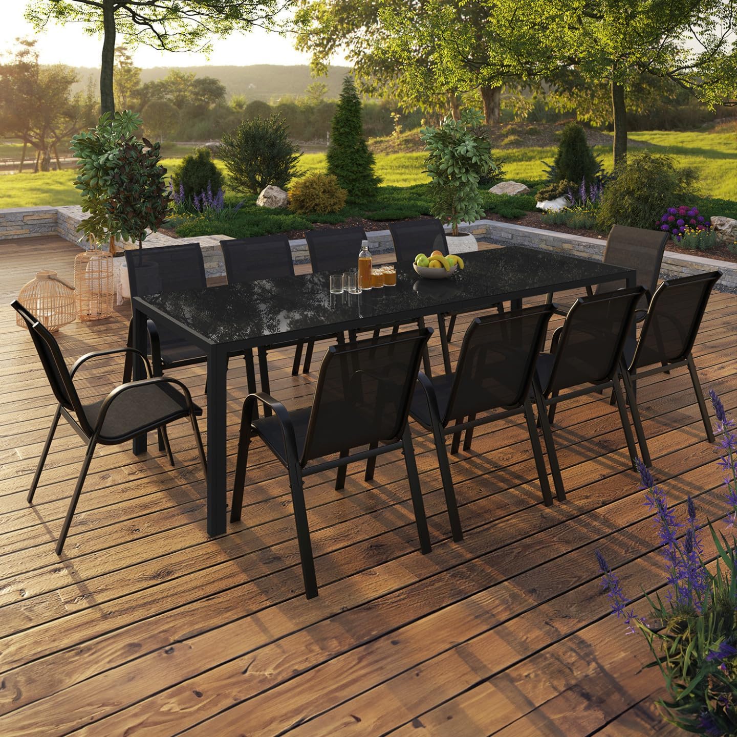 IDMarket - Salon de jardin Madrid 240 cm, 10 chaises empilables, noir
