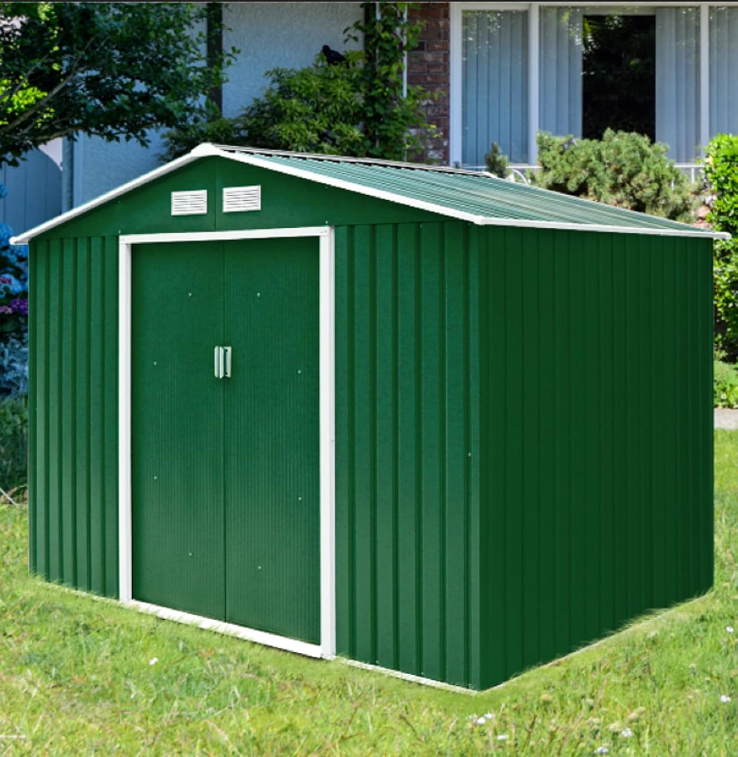 GIANTEX Abri de Jardin 2,7 m² en Métal, Abri à Outils avec Porte Coulissante & Fondation Solide, Remise à Outils Extérieur, 213 x 127 x 185 cm, Vert