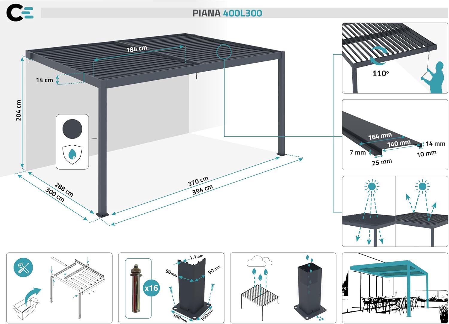 Cazeboo - Pergola bioclimatique PIANA 4x3m, alu gris, 1 brise-vue