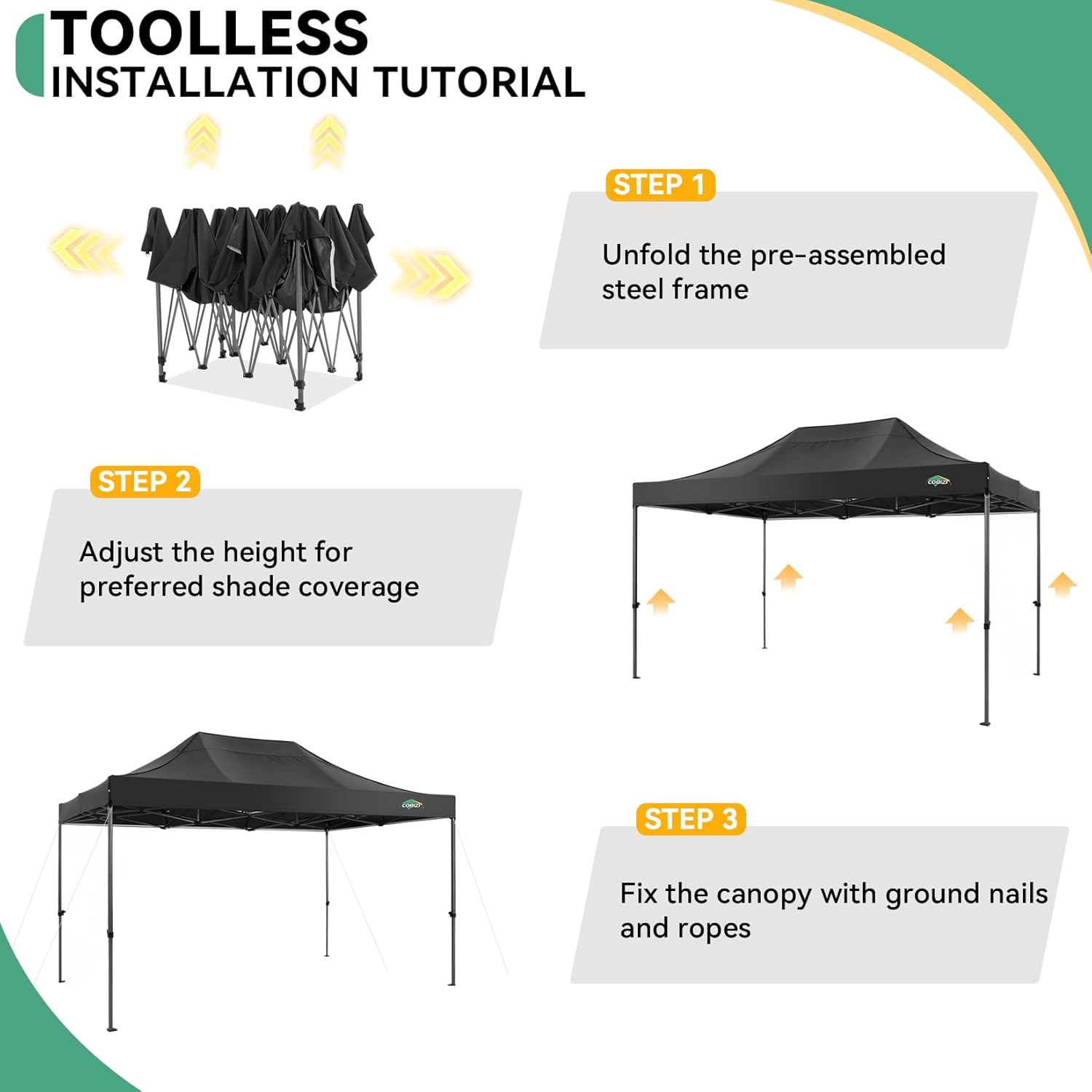 COBIZI - tonnelle pliante série - 3x4.5m - étanche, UV50+, stable, panneaux latéraux
