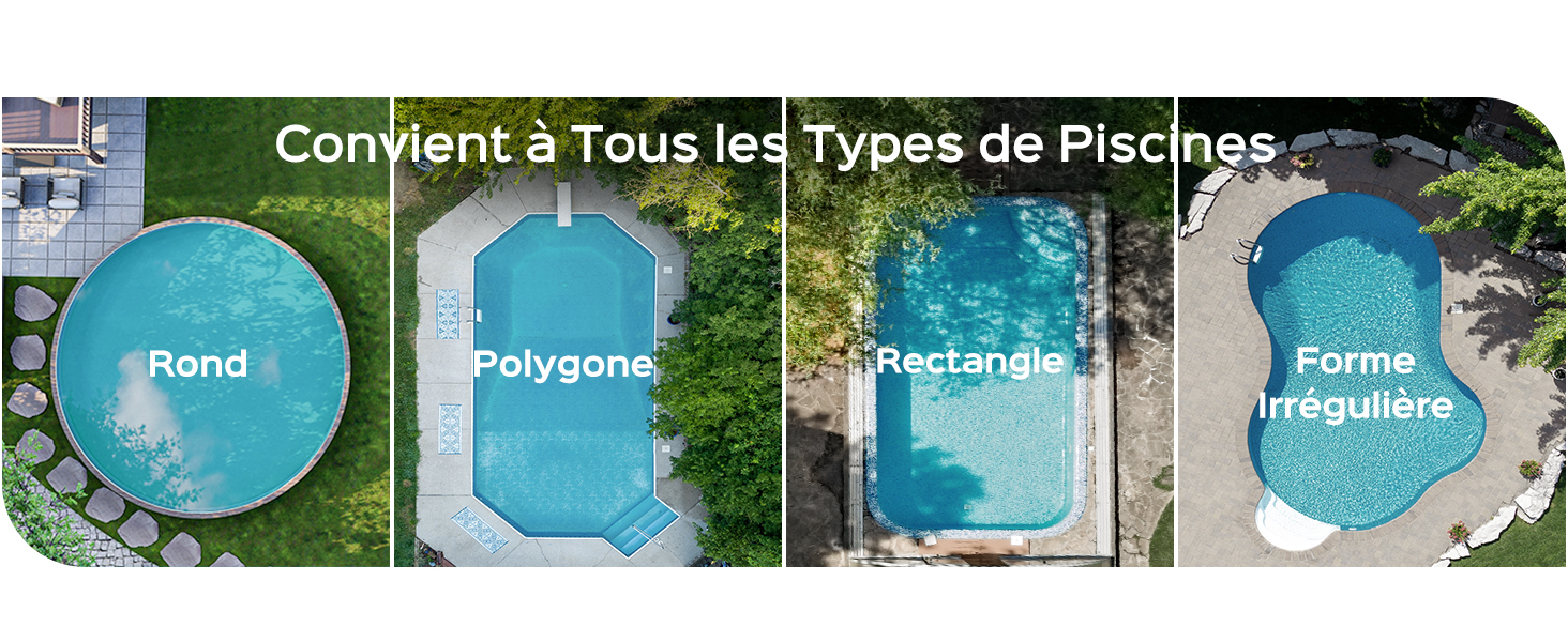 Le texte se lit comme suit : « Comment à Tous les Types de Piscines » avec les catégories « Rond », « Polygone », « Carré », « Rectangulaire ». Comparaison aérienne montrant des couvertures de piscine de différentes formes et tailles pour différentes configurations et styles de piscine.