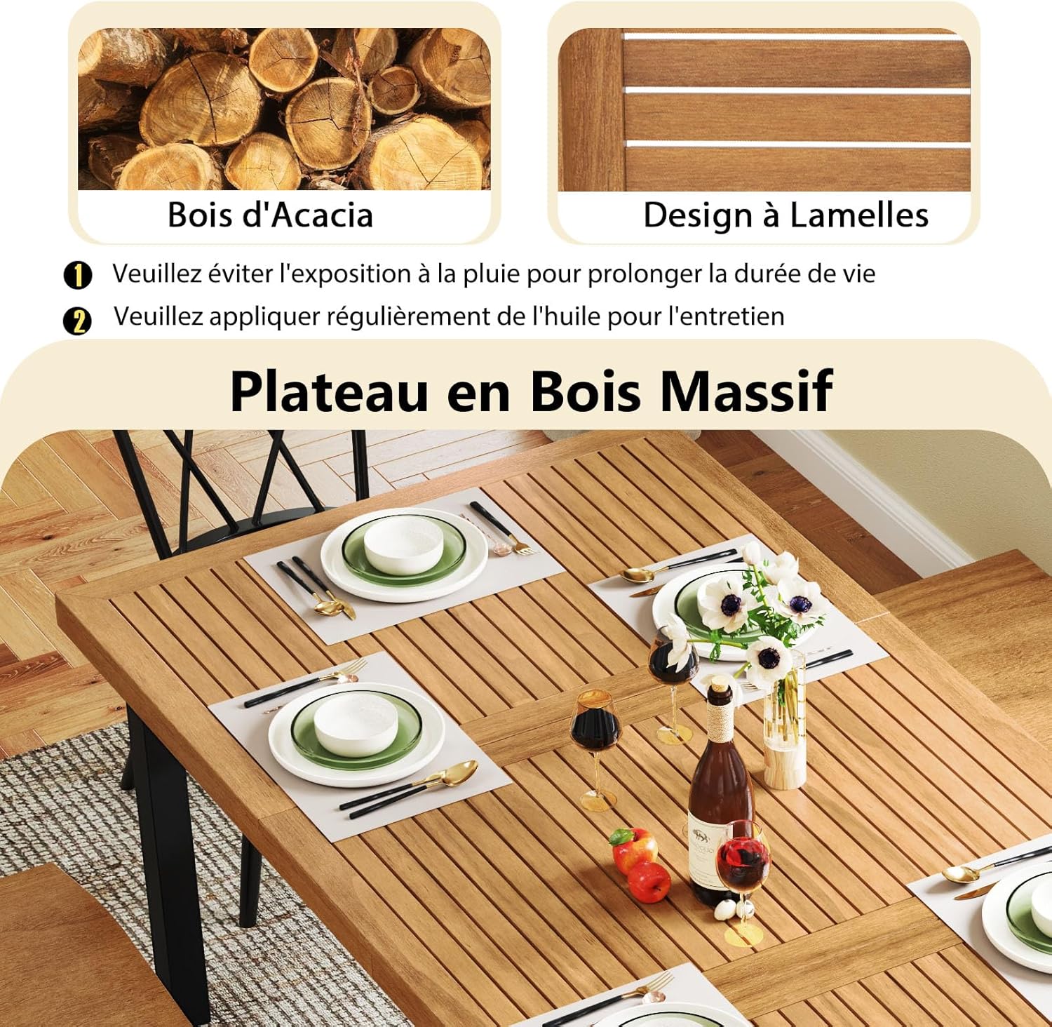 COSTWAY - table de jardin 200 cm - 8 pers. acacia métal, trou parasol