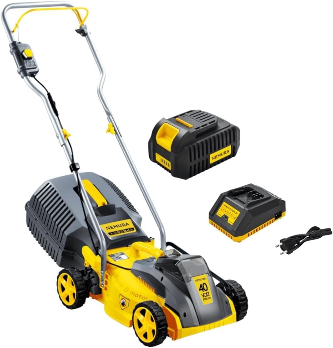 Nemura - Tondeuse Brushless 32cm, 3 hauteurs, bac 30L, 40V, batterie 4Ah