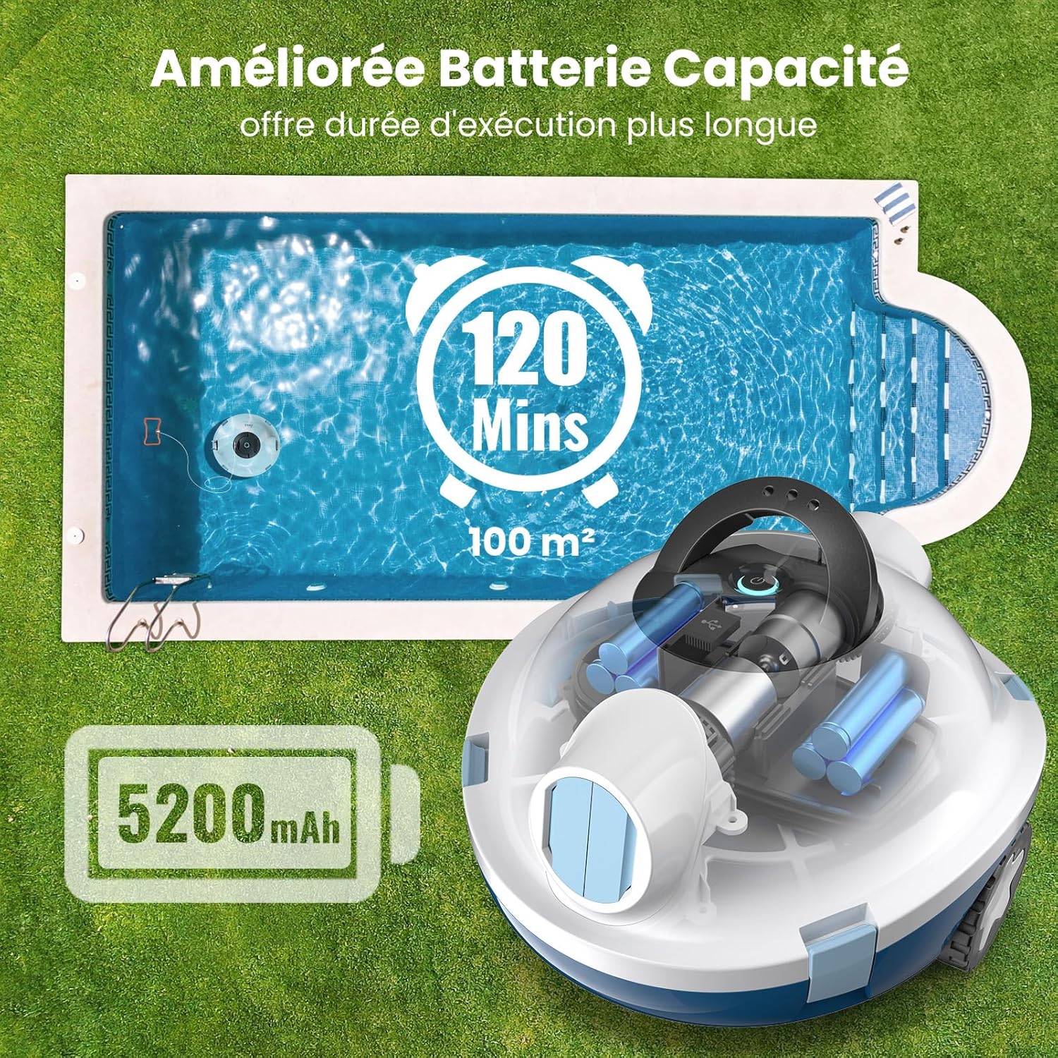 Robot Piscine MEDOXA - Auto-nettoyeur sans fil, 120 min autonomie, fonds plats jusqu’à 100 m², auto-stationnement.