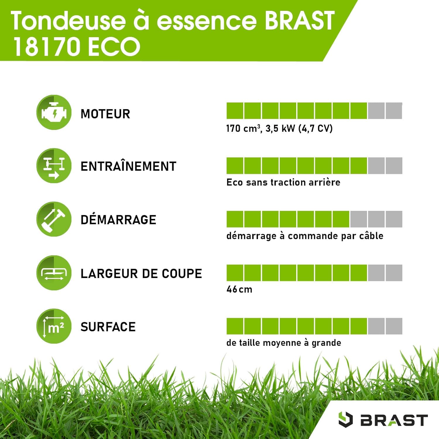 BRAST Tondeuse Thermique tractée 46cm 170 CC mulchig 3,5kW (4,7 CV), 60l -5 MODÈLES Diff.- Moteur 4 Temps Easy Clean, 3en1, châssis en tôle d'acier, Tondeuse Thermique Coupe reglable