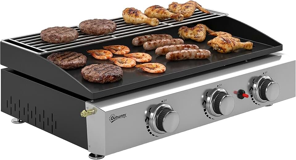 Outsunny - Plancha gaz série 3 brûleurs - 60x40 cm - plaque émaillée, grille maintien chaleur, acier inoxydable