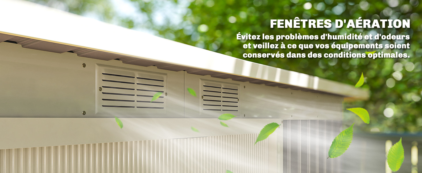 Le texte indique « FENÊTRE D'AÉRATION ». Vue rapprochée d'une fenêtre de ventilation blanche ou d'un système de panneaux monté sur un plafond ou une structure murale.