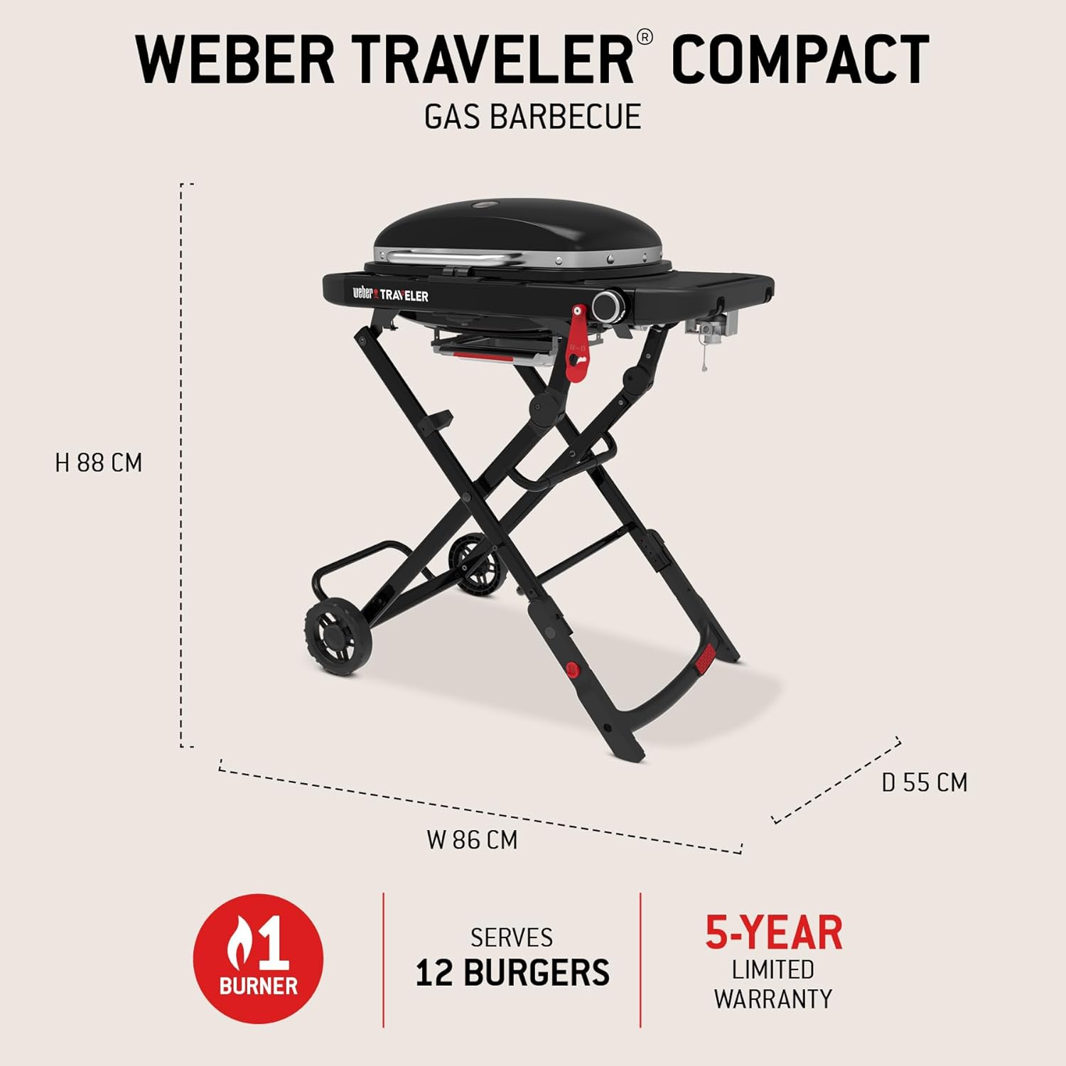 Weber Traveler Compact barbecue à gaz/design pliable et portable avec roues, verrouillage automatique du couvercle et thermomètre intégré, 1 brûleur, surface de cuisson 52 x 36 cm, noir