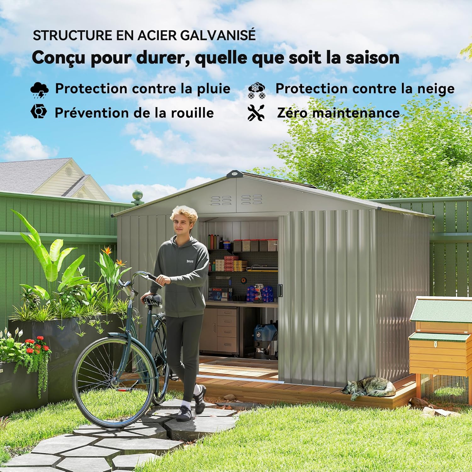 Outsunny Abri de Jardin en Acier galvanisé XXL 5,4 m² avec kit de Fondation 277x195x192cm, cabane de Jardin Toit en Fibre de Verre, cabanon Rangement Outils Portes coulissantes 4 aérations Gris