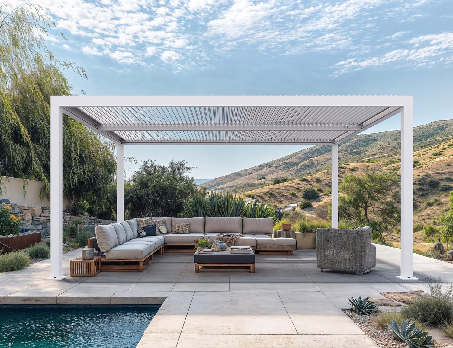 PURPLE LEAF - Pergola bioclimatique aluminium 4,6x3,3m, lames orientables, blanc
