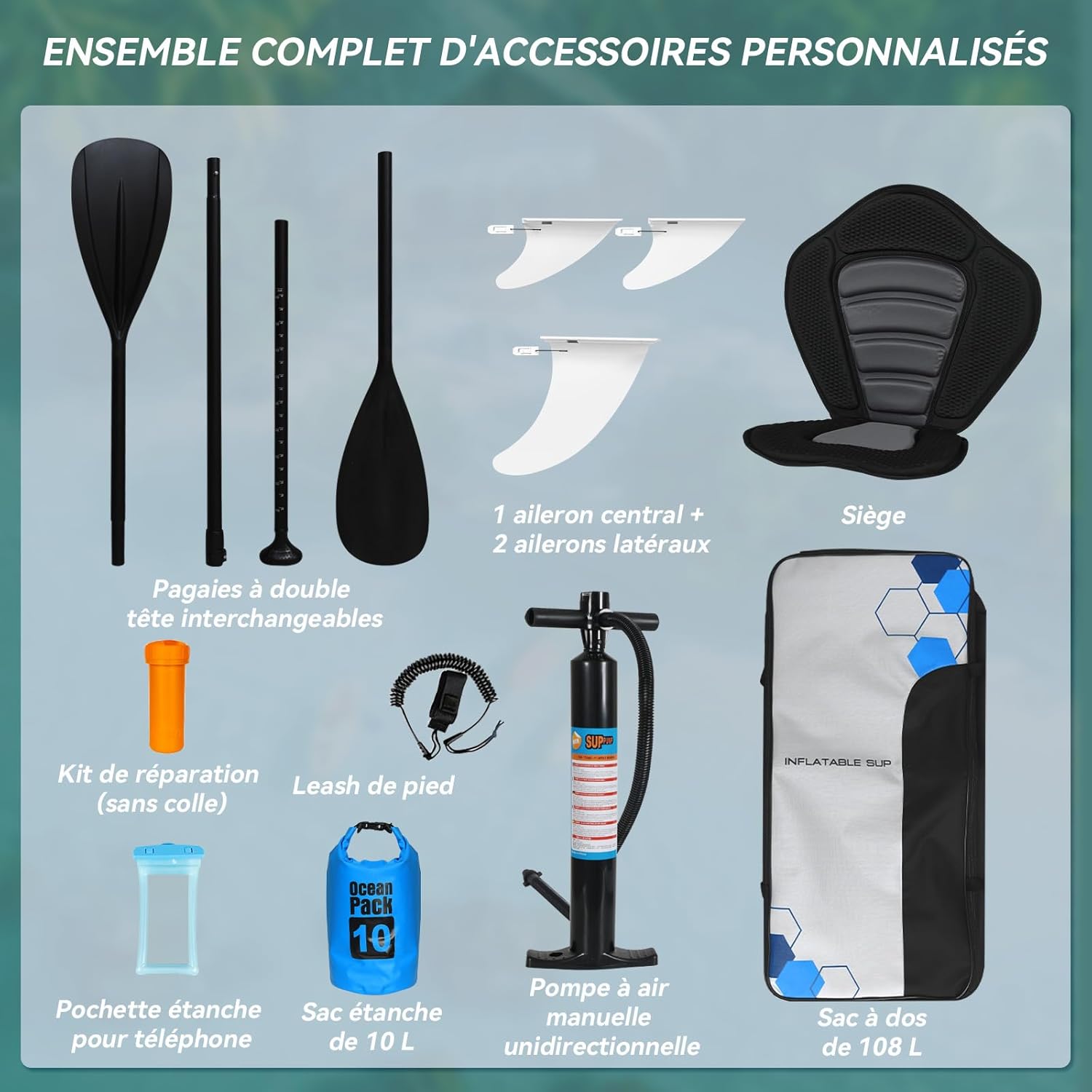 YU YUSING - paddle gonflable adulte - 320/335cm - 2 places, siège kayak, pagaie alu, support caméra, pompe, 150 kg
