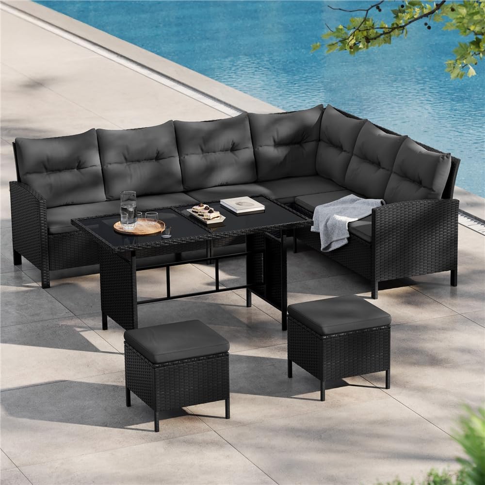 Yaheetech - Salon de jardin 4 pièces - polyrotin, ottomans, table - noir/gris