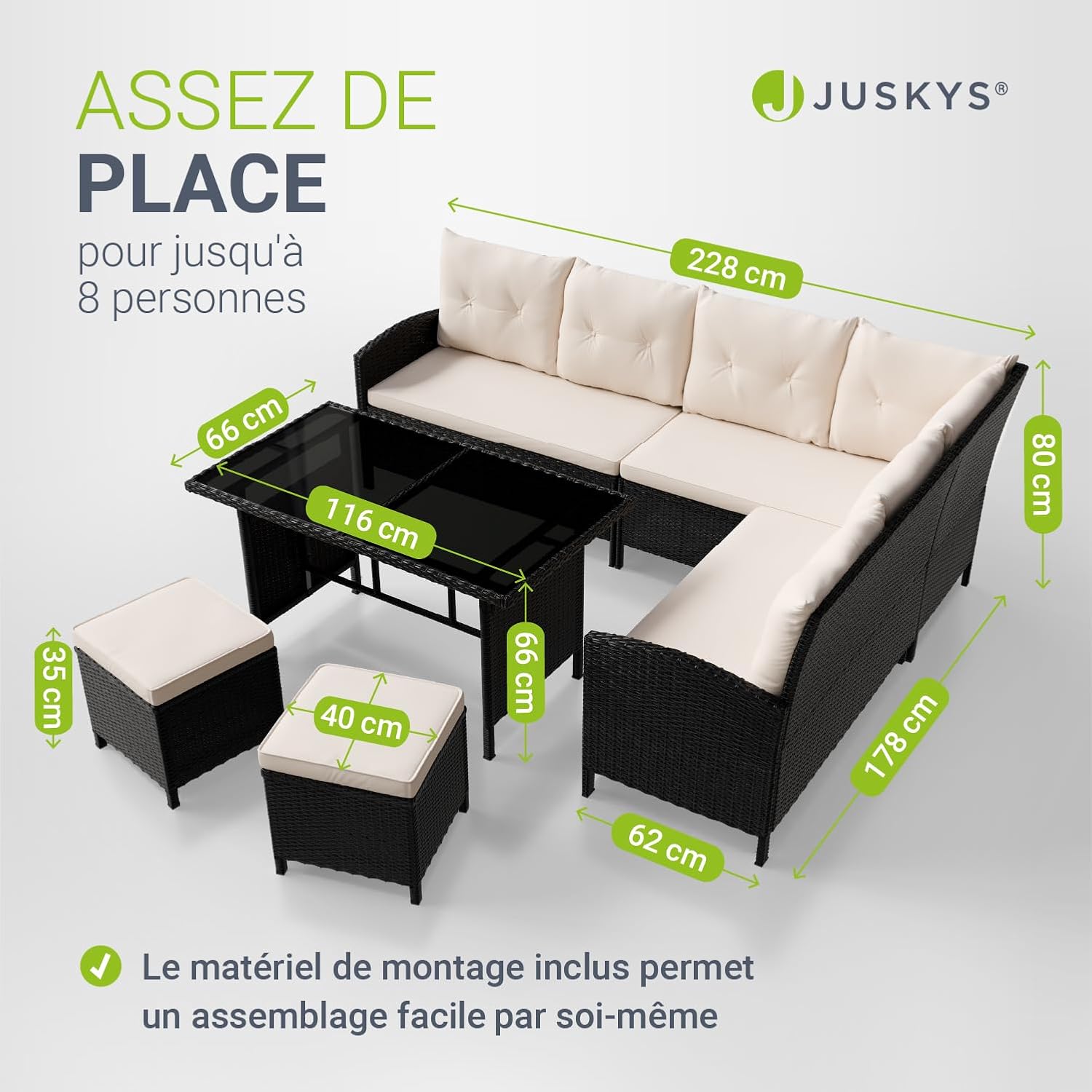 Juskys - Salon Manacor - 7 places, polyrotin noir, coussins crème