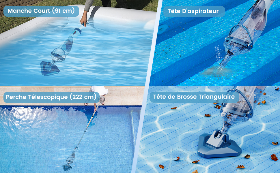 Image à quatre panneaux montrant un robot nettoyeur de piscine en action. L'appareil se déplace sur le fond et les murs de la piscine, nettoyant les surfaces à l'aide de brosses automatisées et d'un système de filtration.