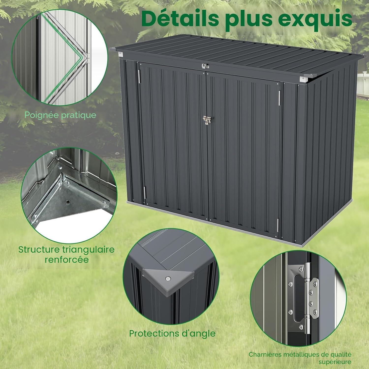 HOMASIS 1.7m Abri de Jardin Métal Exterieur avec Couvercle Rabattable, Cabane de Jardin avec Double Porte, Abri à Outils Structure Renforcée, Haute Résistance pour Ferme, Terrasse,172 x 101 x 130 cm