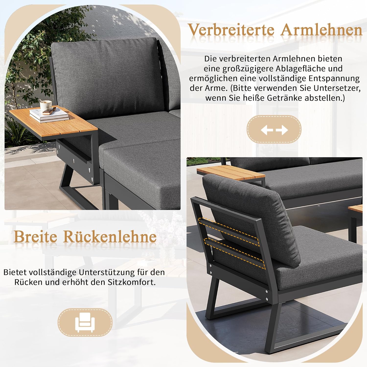 Sapgaks - salon de jardin 7 places, angle inclinable, coussins, table basse - F-Gris
