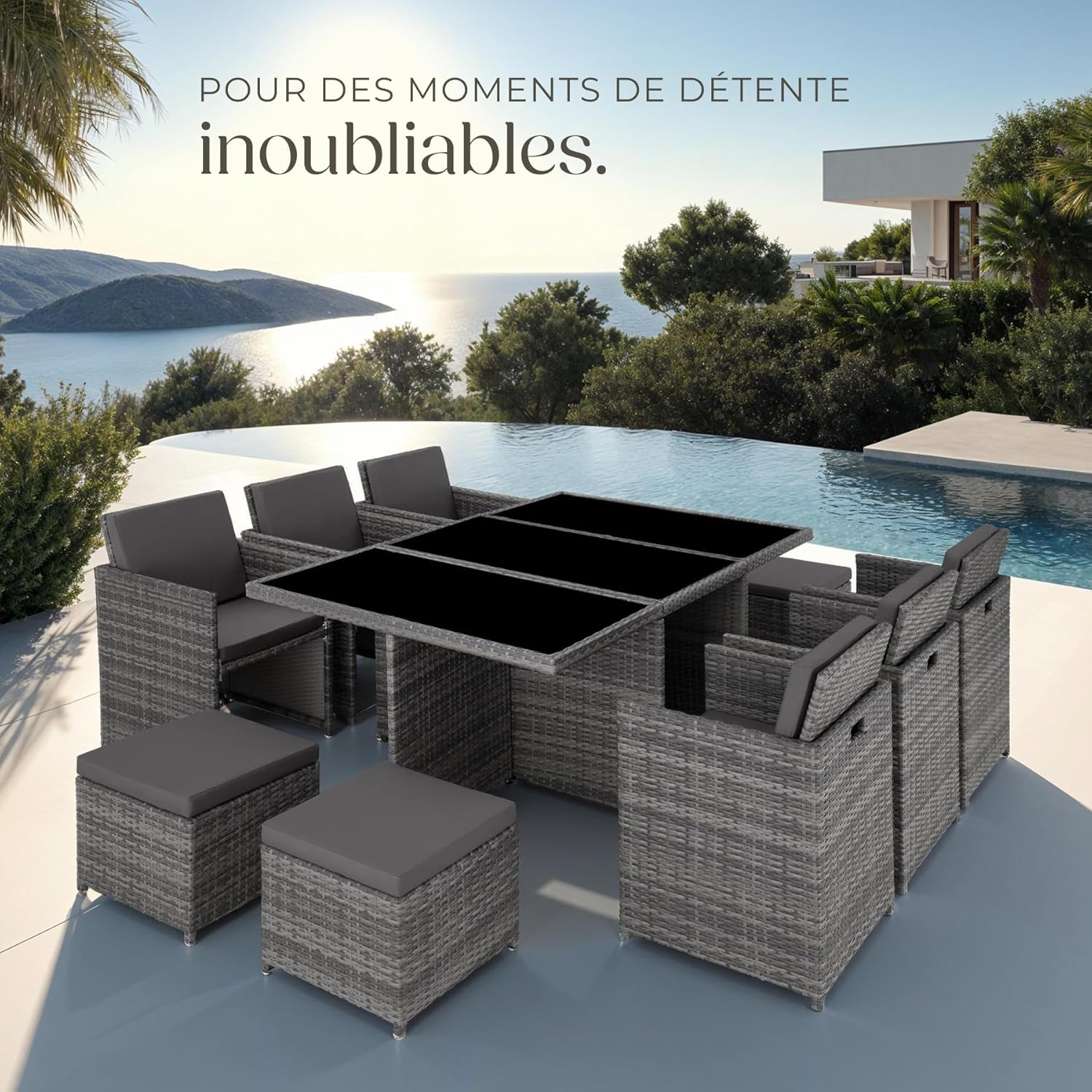 Tectake - Salon de jardin polyrotin 10 places, housses incluses, gris
