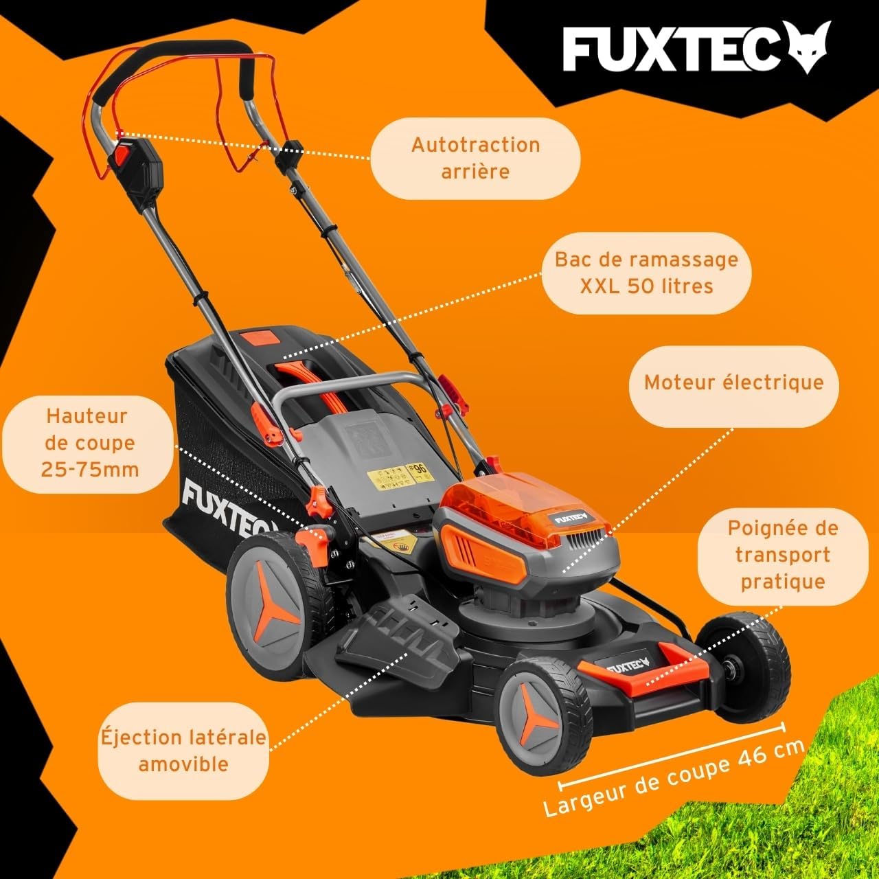 FUXTEC - E2RM46 - 46cm coupe, autotractée, mulching, 50L, 25-75mm E2RM46