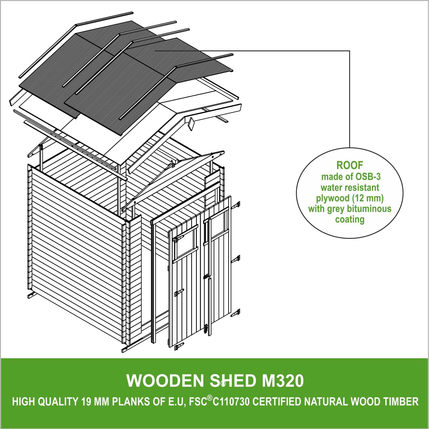 TIMBELA - abri de jardin bois, 186x196x218 cm, stockage, outils, vélos - M320