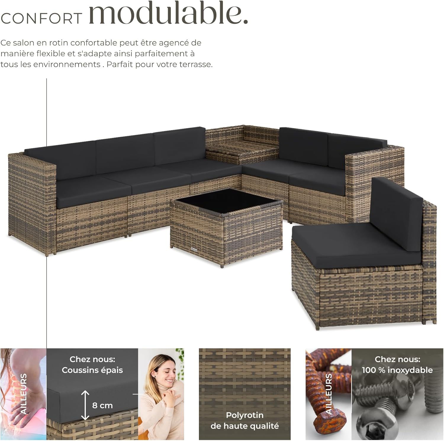 TecTake - salon de jardin modulable 6 places résine, coffre et table, brun - 200x130cm