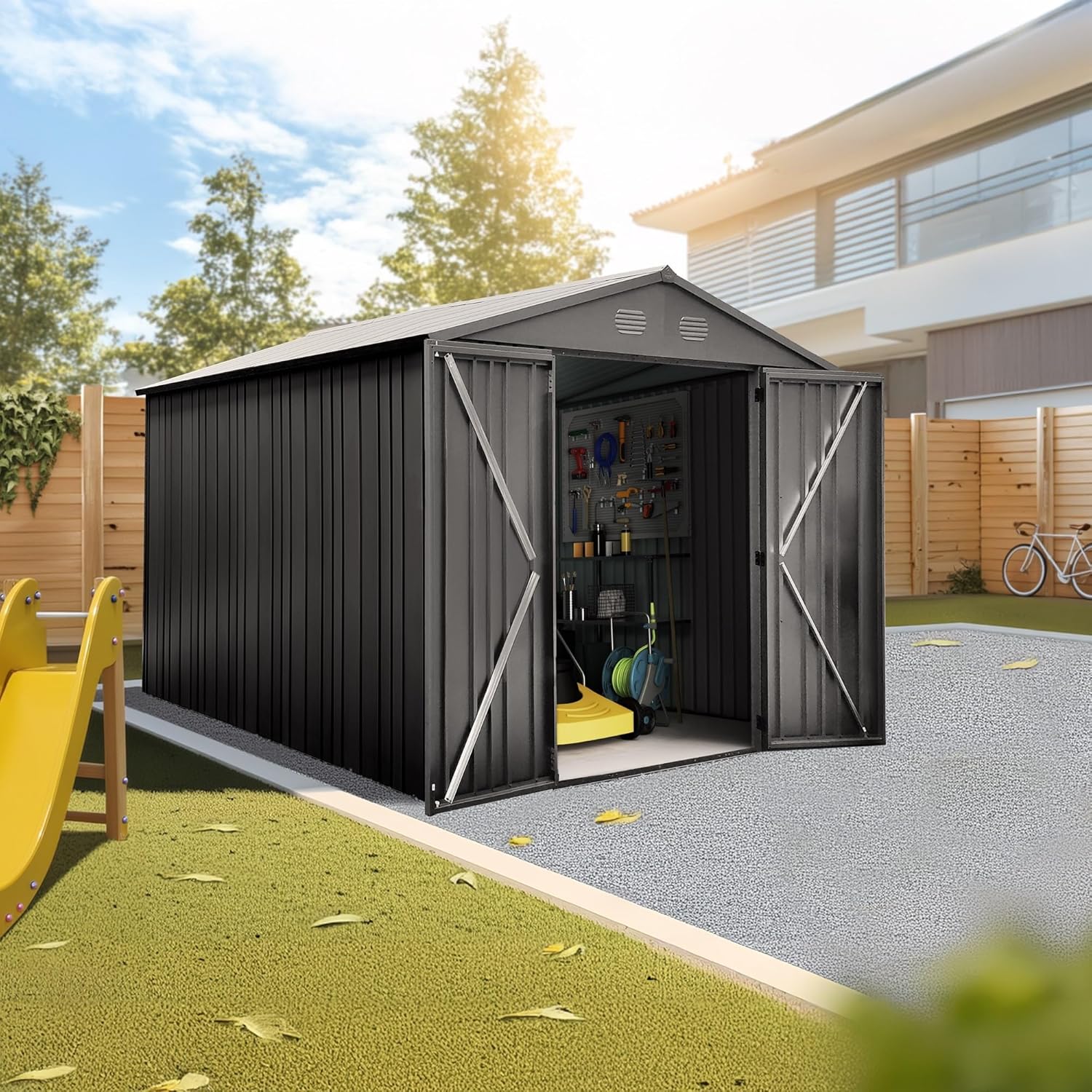 Hoggar - abri métal Pioneer - 262x303x213cm - portes renforcées, serrure clé, piliers en V, plafond robuste Y90